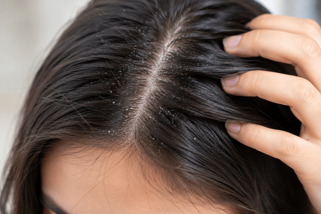 Close-up of a dry scalp with dark hair showing small white flakes as a person gently parts their hair to examine the scalp. Close-up of a dry scalp with dark hair showing small white flakes as a person gently parts their hair to examine the scalp.