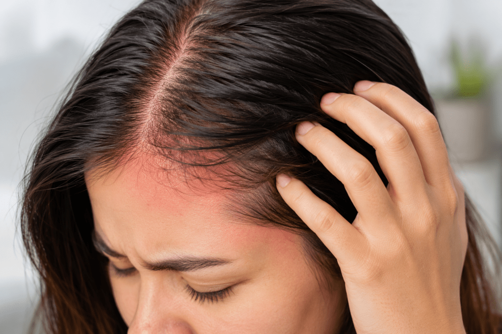 Woman touching a sensitive, irritated scalp with visible redness along the hairline and parting, showing signs of itching and discomfort. Woman touching a sensitive, irritated scalp with visible redness along the hairline and parting, showing signs of itching and discomfort.