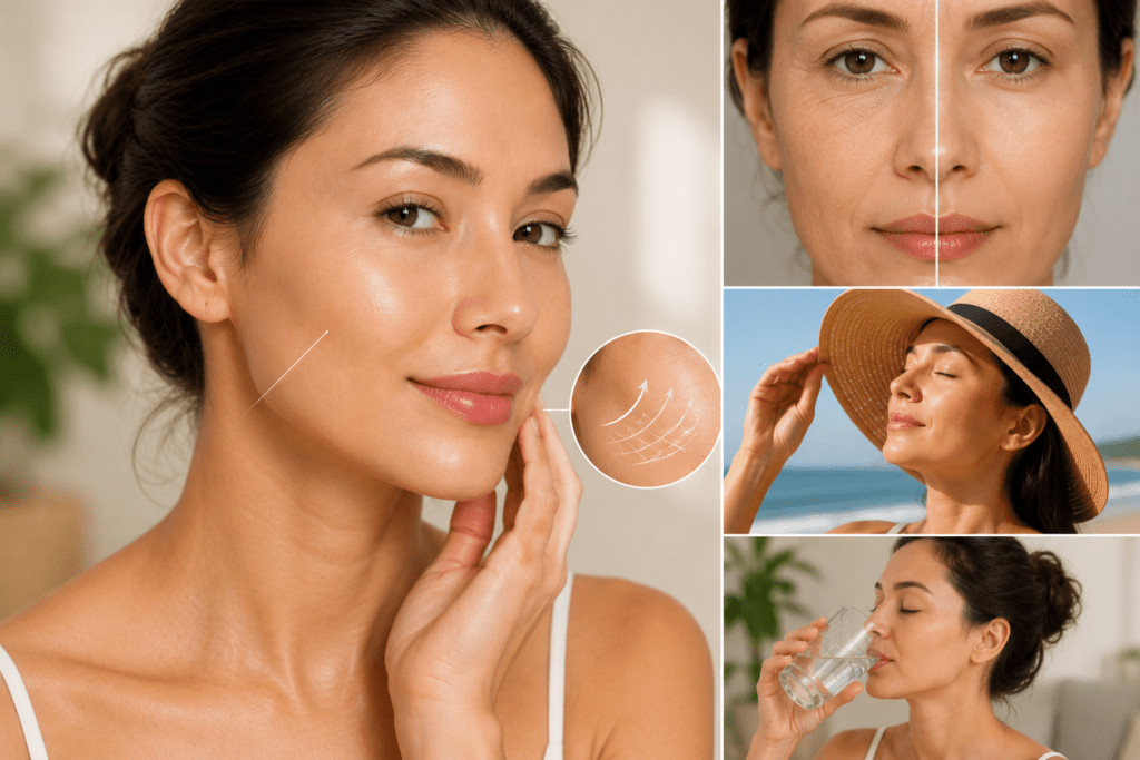 Woman with firm, healthy-looking skin alongside visuals representing skin elasticity, natural aging, sun protection, and hydration.