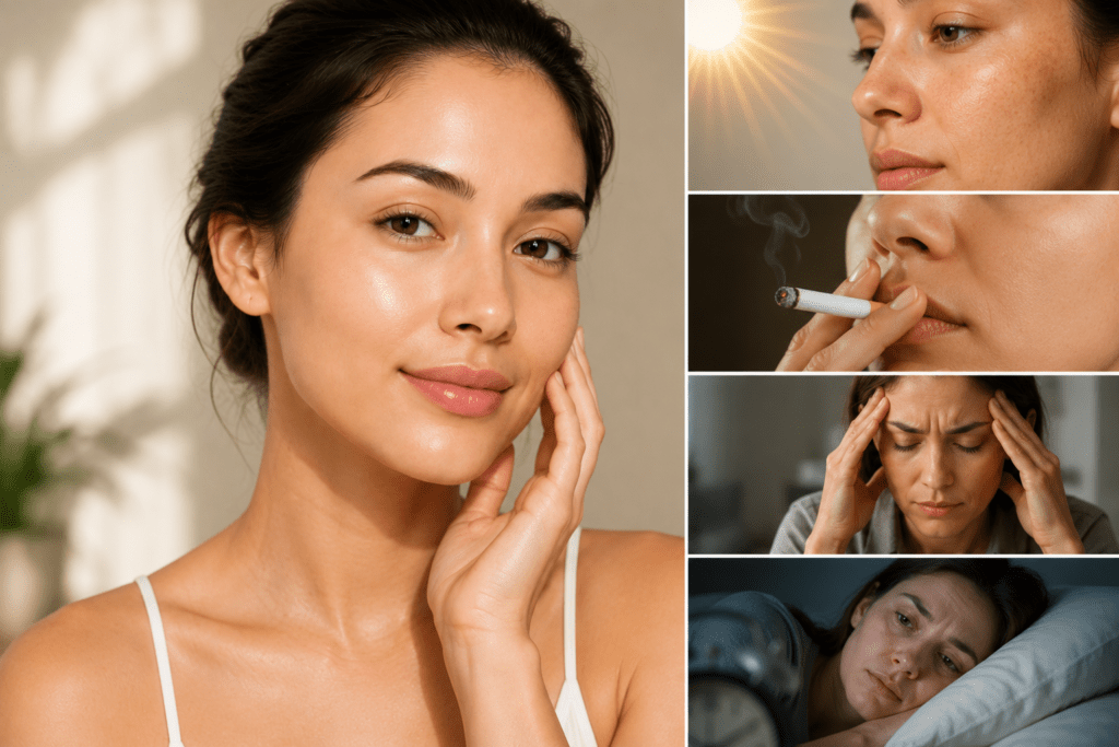 Woman with healthy, even-toned skin alongside examples of factors that can affect skin tone, including sun exposure, smoking, stress, and lack of sleep.