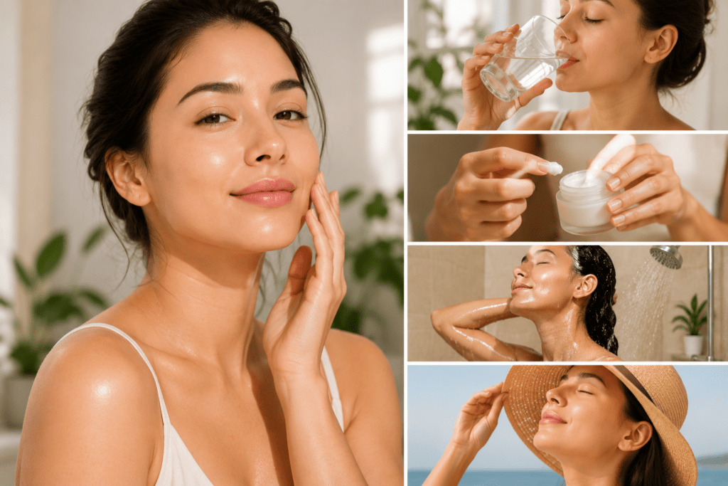 Woman with hydrated, glowing skin drinking water, applying moisturizer, taking a gentle shower, and protecting her face from sun exposure with a wide-brimmed hat.