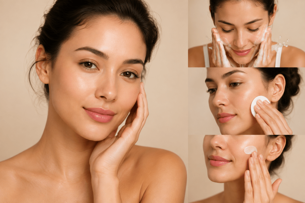 Woman with smooth, healthy-looking skin following a gentle skincare routine by cleansing her face and applying moisturizer.