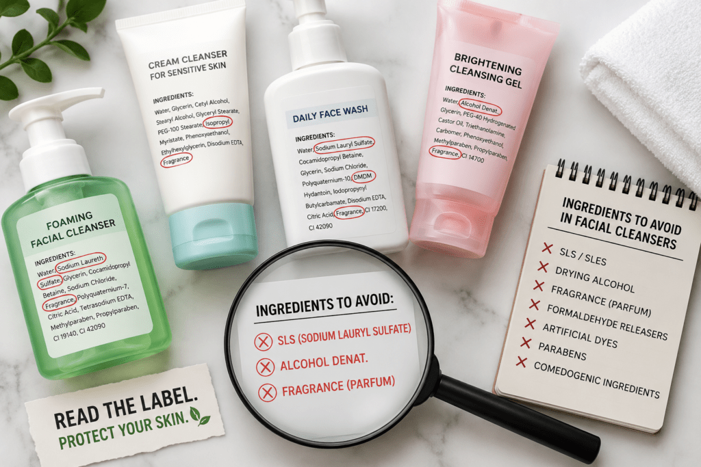 Flat lay of facial cleansers with a magnifying glass highlighting harmful ingredients like SLS, alcohol, fragrance, parabens, and formaldehyde-releasing preservatives on product labels. Flat lay of facial cleansers with a magnifying glass highlighting harmful ingredients like SLS, alcohol, fragrance, parabens, and formaldehyde-releasing preservatives on product labels.
