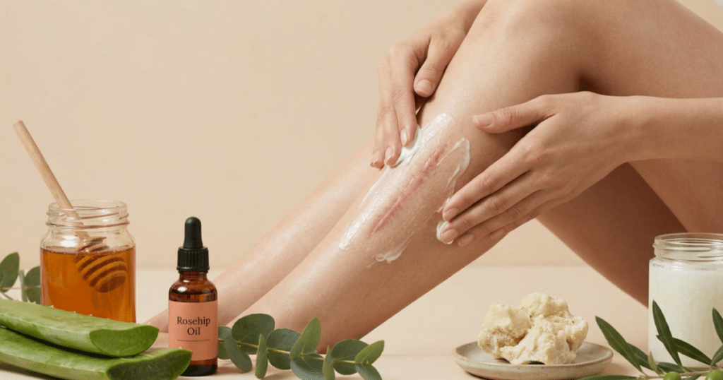 Gently massage natural remedies like rosehip oil, honey, aloe vera, and shea butter onto scars to help fade them over time for healthier, smoother skin.