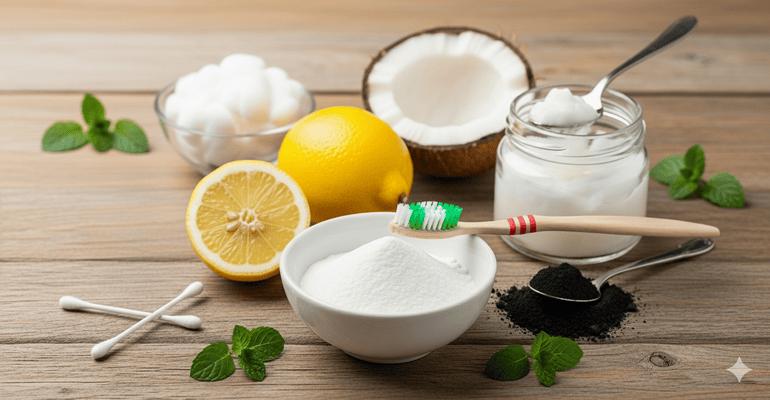 Natural teeth whitening ingredients including baking soda, coconut oil, activated charcoal, and a bright healthy smile.