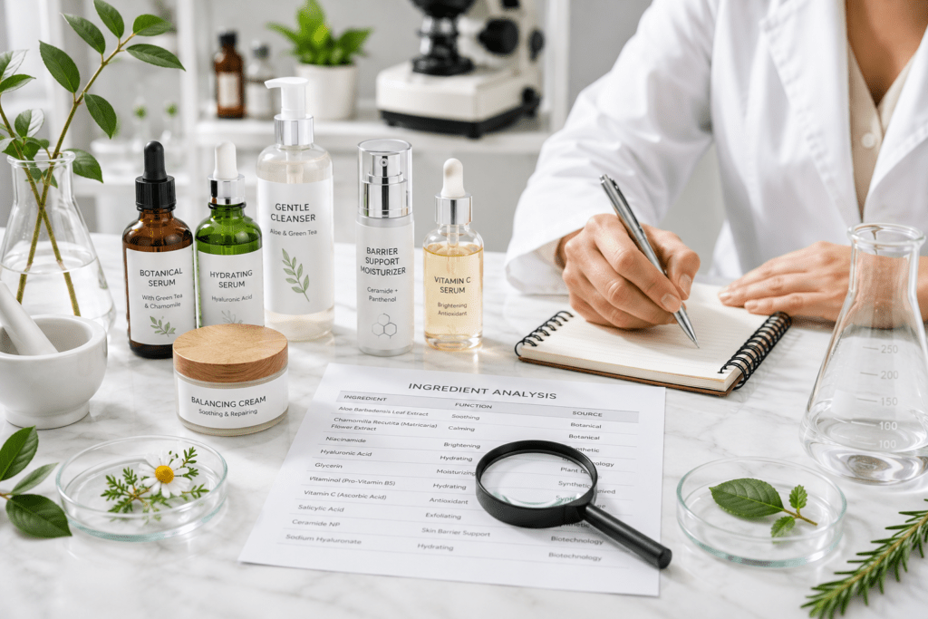 A dermatologist's desk displaying skincare products, botanical ingredients, an ingredient analysis sheet, a magnifying glass, laboratory glassware, and a notebook in a clean clinical setting, representing evidence-based skincare research.