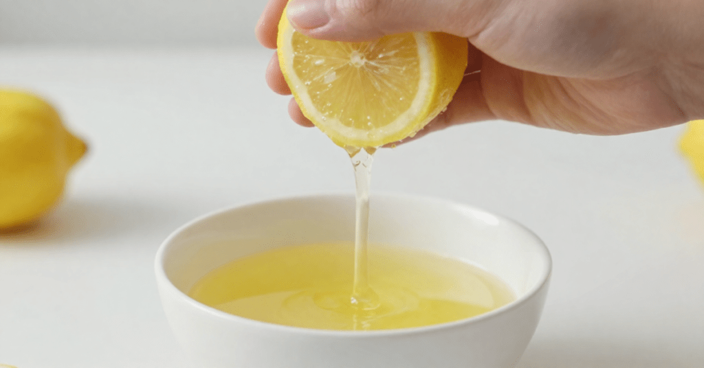 Lemon juice being squeezed into a small bowl.