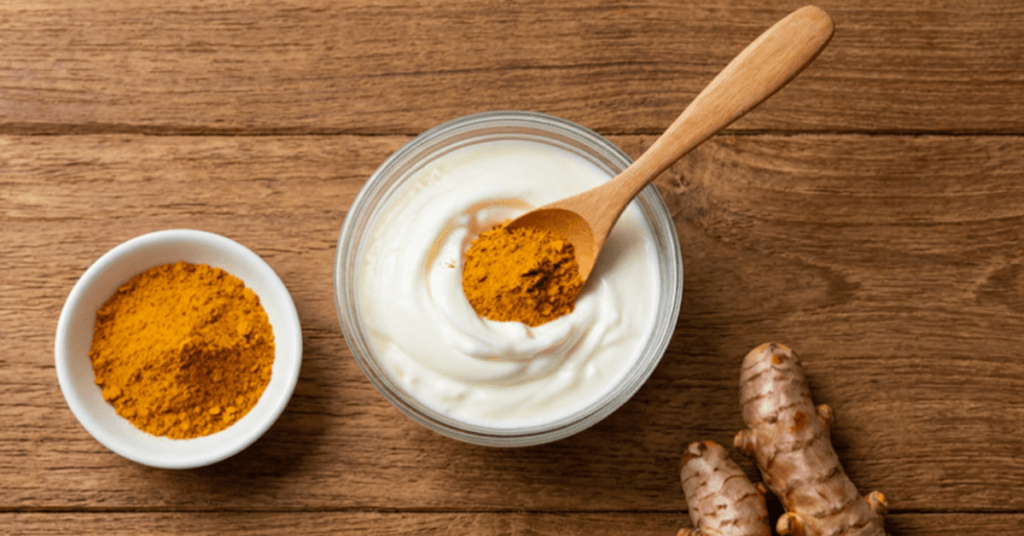 Yogurt and turmeric ingredients on a countertop.