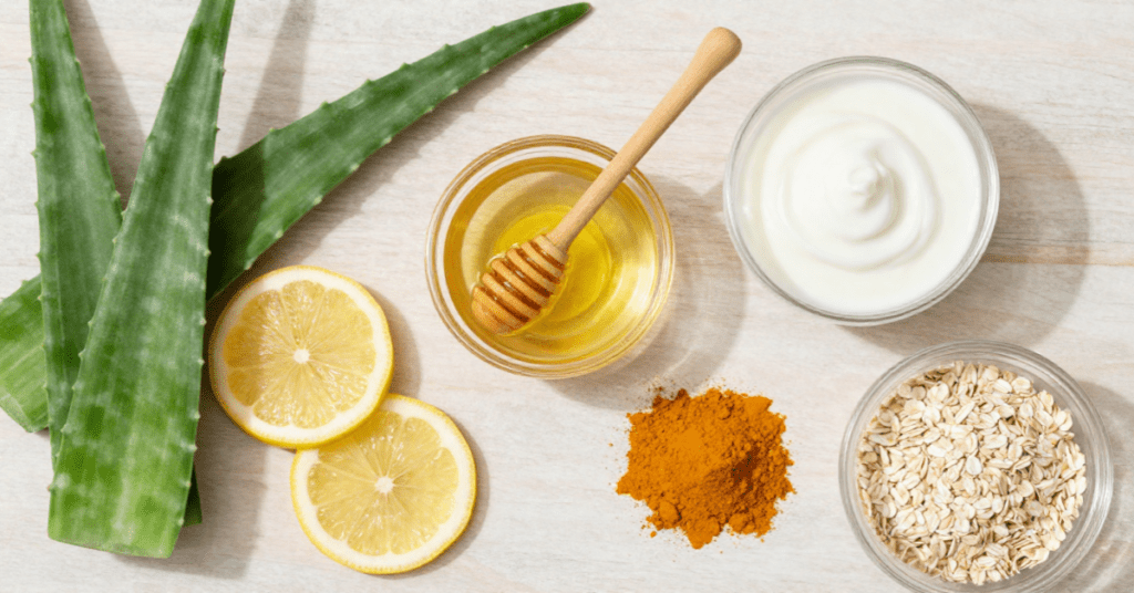 Natural ingredients used in DIY remedies for dark skin areas, including lemon, honey, yogurt, turmeric, oatmeal, aloe vera, and cucumber.