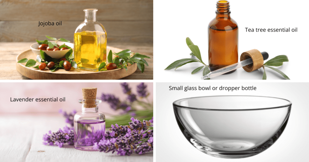 Ingredients: Jojoba oil, lavender essential oil, tea tree essential oil, and a small glass bowl for mixing Ingredients: Jojoba oil, lavender essential oil, tea tree essential oil, and a small glass bowl for mixing
