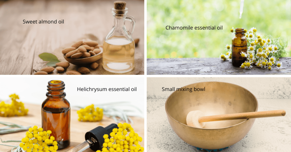 Ingredients: Sweet almond oil, chamomile essential oil, helichrysum essential oil, and a small mixing bowl Ingredients: Sweet almond oil, chamomile essential oil, helichrysum essential oil, and a small mixing bowl