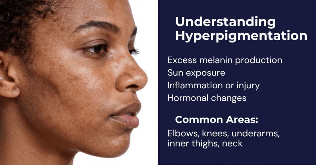 Hyperpigmentation occurs when certain areas produce more melanin, causing darker patches. It's common and treatable with consistent care.