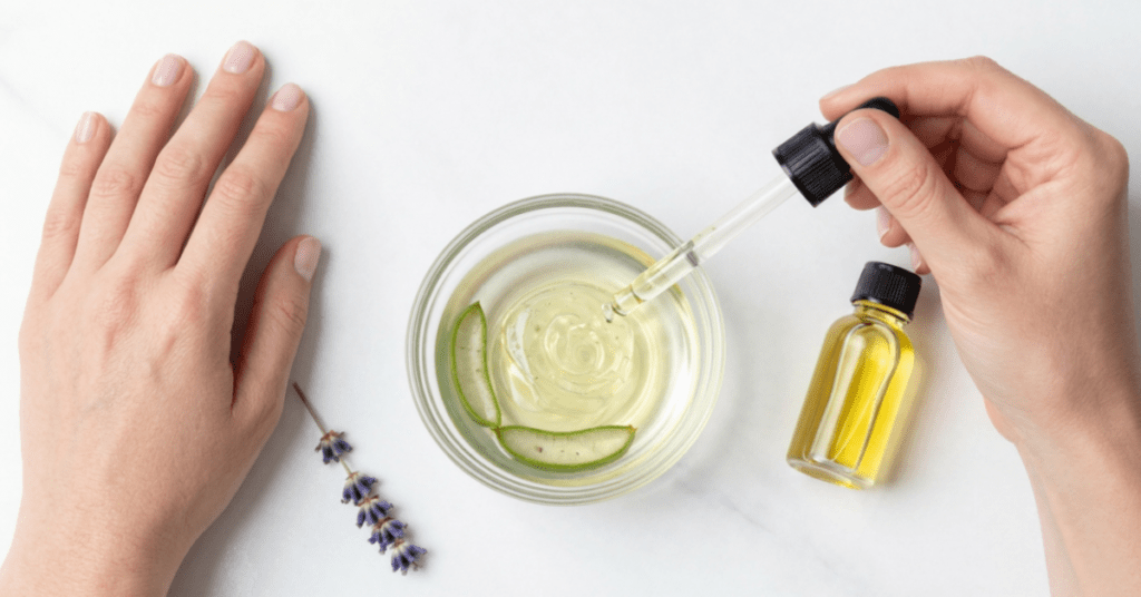 Combine 2 tbsp aloe vera gel, 1 tbsp jojoba oil, and 2 drops lavender essential oil Combine 2 tbsp aloe vera gel, 1 tbsp jojoba oil, and 2 drops lavender essential oil