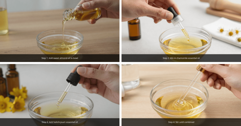 Preparing the sweet almond oil moisturizer blend with chamomile and helichrysum essential oils Preparing the sweet almond oil moisturizer blend with chamomile and helichrysum essential oils