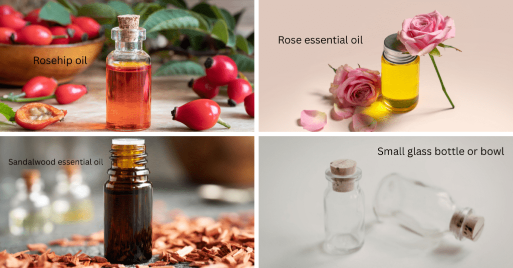 Rosehip oil, rose essential oil, sandalwood essential oil, and a small glass bottle or bowl for mixing. Rosehip oil, rose essential oil, sandalwood essential oil, and a small glass bottle or bowl for mixing.