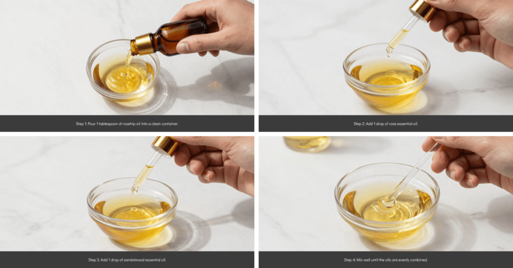 Pour rosehip oil into a glass bowl, add a drop of rose essential oil, add a drop of sandalwood essential oil, then mix well until all oils are evenly combined. Pour rosehip oil into a glass bowl, add a drop of rose essential oil, add a drop of sandalwood essential oil, then mix well until all oils are evenly combined.