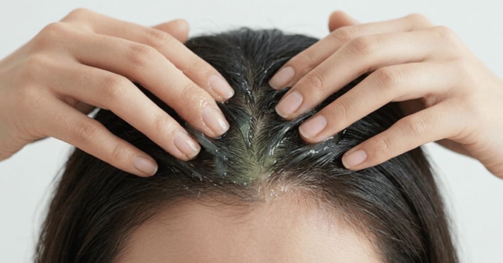 Massage the mixture into your scalp with your fingertips Massage the mixture into your scalp with your fingertips