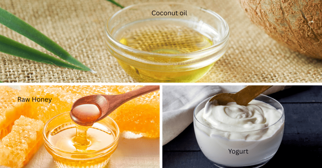 Step-by-step application of a homemade coconut oil, honey, and yogurt hair mask for repairing dry and damaged hair naturally. Step-by-step application of a homemade coconut oil, honey, and yogurt hair mask for repairing dry and damaged hair naturally.