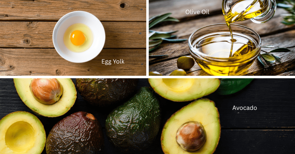 Step-by-step application of an avocado, egg yolk, and olive oil protein hair mask for strengthening weak and damaged hair Step-by-step application of an avocado, egg yolk, and olive oil protein hair mask for strengthening weak and damaged hair