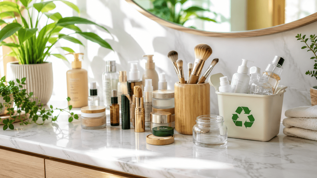 Sustainable beauty products and empty cosmetic containers prepared for eco-friendly recycling on a clean bathroom vanity.