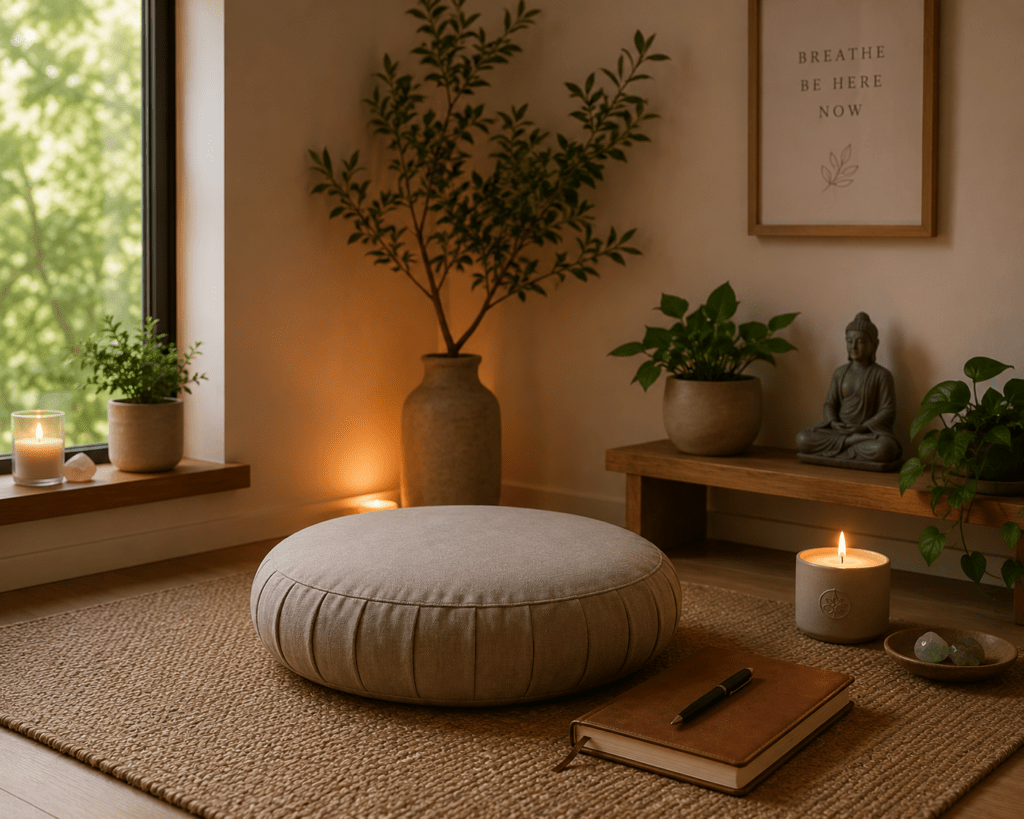 Minimal meditation space with a cushion, candle, journal, and calming decor.
