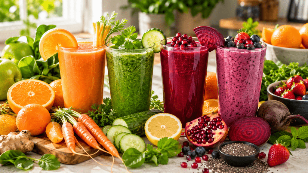 Four colorful glasses of carrot-orange juice, green detox juice, beet-pomegranate juice, and berry smoothie surrounded by fresh fruits, vegetables, chia seeds, and leafy greens on a bright kitchen countertop.