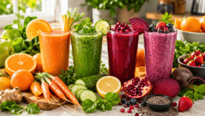 Four colorful glasses of carrot-orange juice, green detox juice, beet-pomegranate juice, and berry smoothie surrounded by fresh fruits, vegetables, chia seeds, and leafy greens on a bright kitchen countertop.