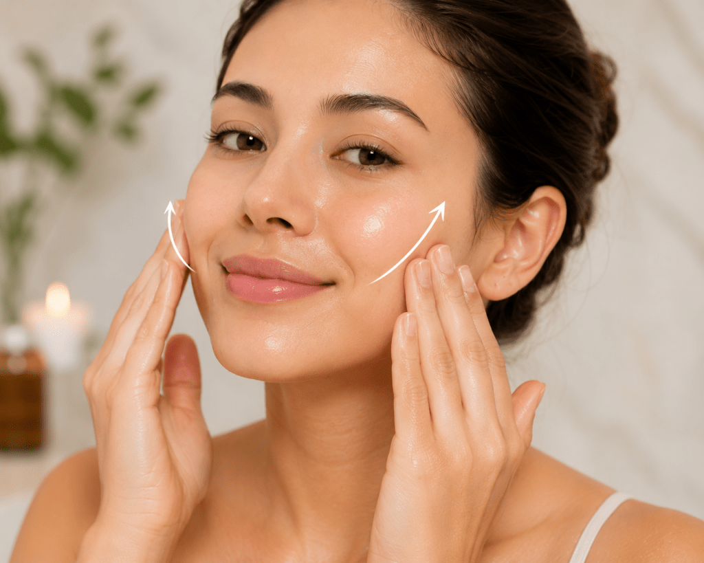 Close-up of a woman performing an upward facial massage using her fingertips to promote glowing skin.