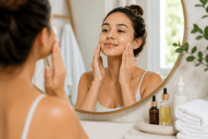 Woman applying facial oil while gently massaging her face in front of a bathroom mirror for naturally glowing skin.
