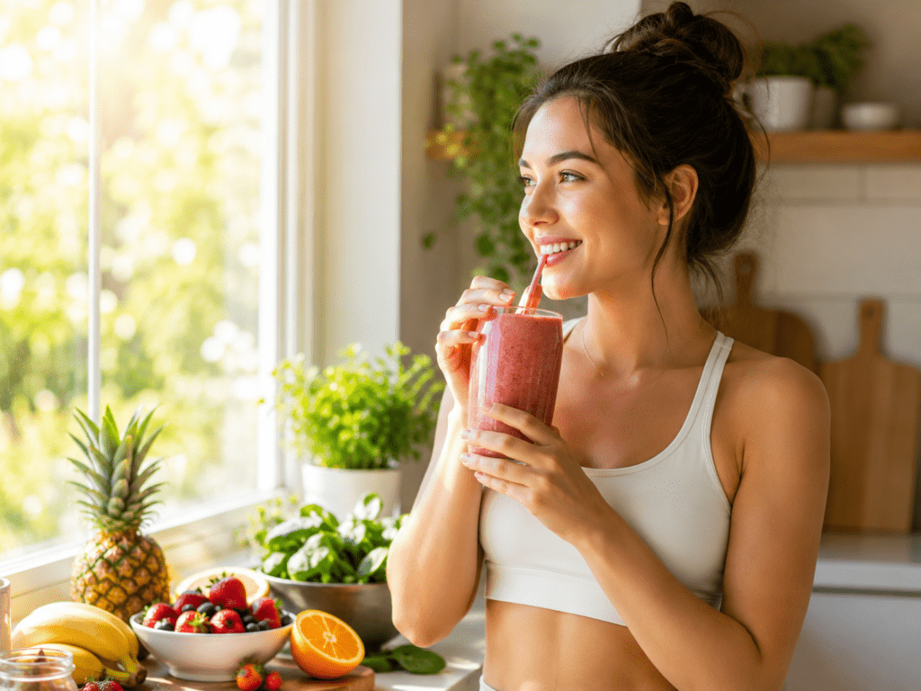 A smiling woman drinks a fresh berry smoothie beside a sunny kitchen window surrounded by fresh fruits and healthy ingredients.