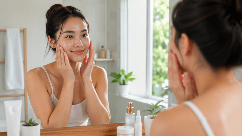Woman with smooth healthy skin learning how to minimize pores naturally