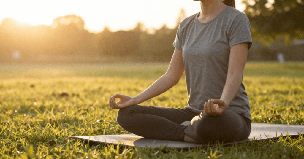 Person practicing mindfulness meditation outdoors during sunrise to promote relaxation and stress relief.