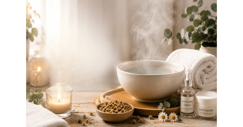 A calming home spa setup with facial steam