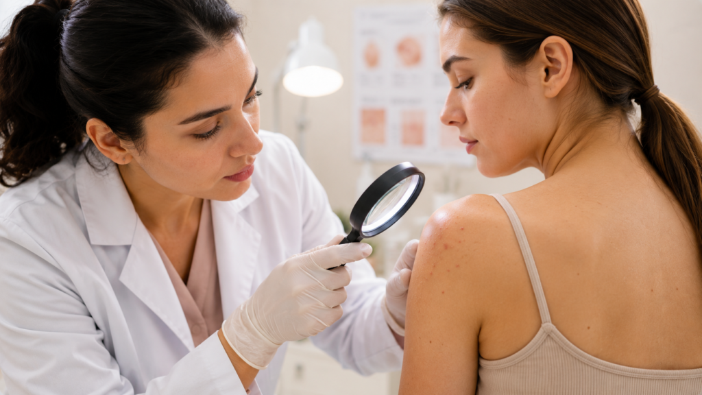 dermatologist examining a patient's skin.