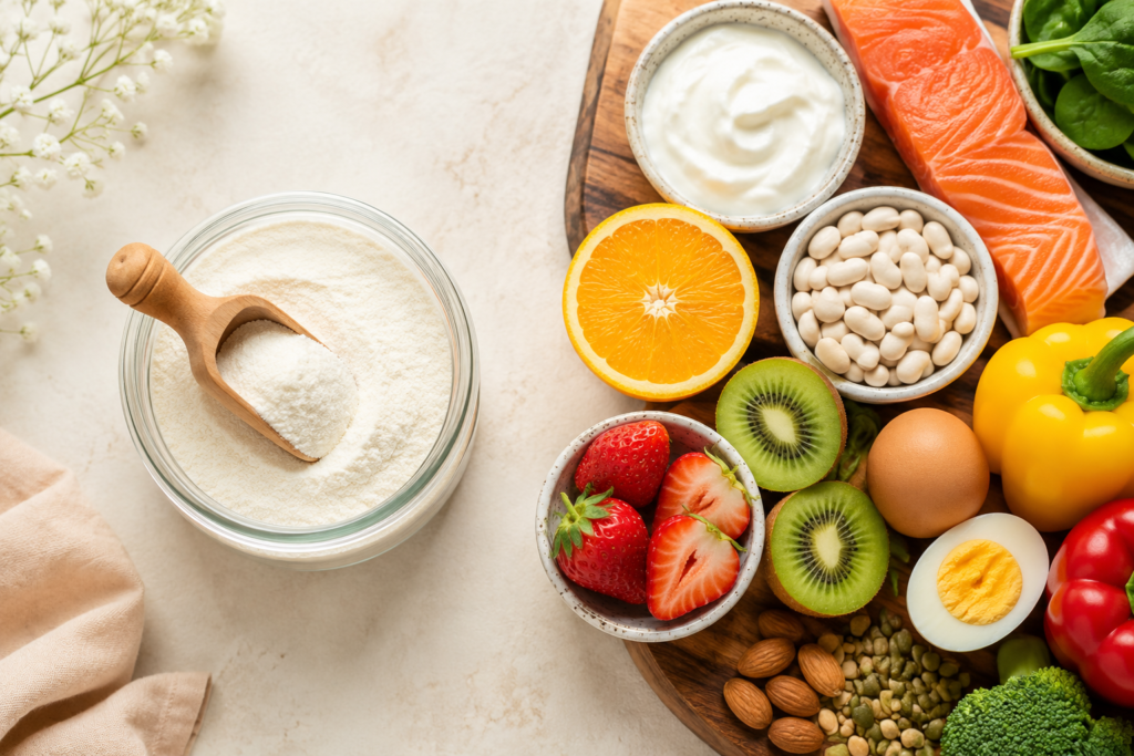 Collagen powder beside protein and vitamin C-rich foods for skin health Collagen powder beside protein and vitamin C-rich foods for skin health