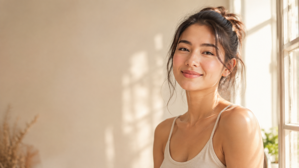 Confident woman with natural glowing skin smiling in soft sunlight Confident woman with natural glowing skin smiling in soft sunlight