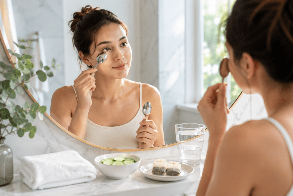Woman using chilled metal spoons to reduce under-eyes puffiness during a natural morning skincare routine