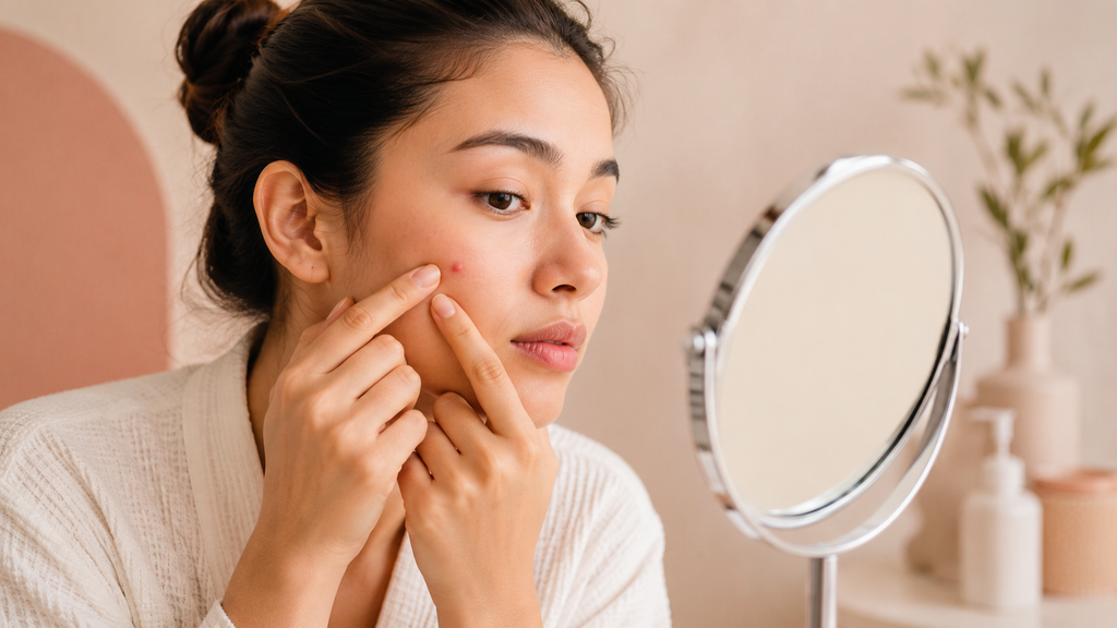 Woman examining a skin bump while checking her skin in a mirror