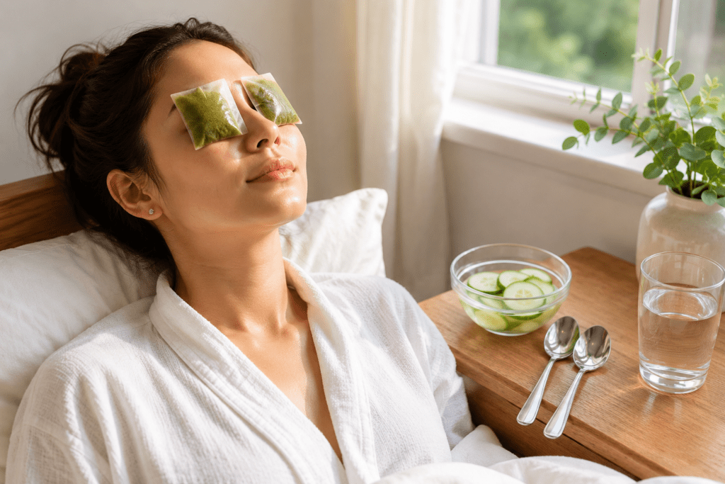 Woman using chilled green tea bags as a natural home remedy to reduce puffy eyes and under-eye bags.