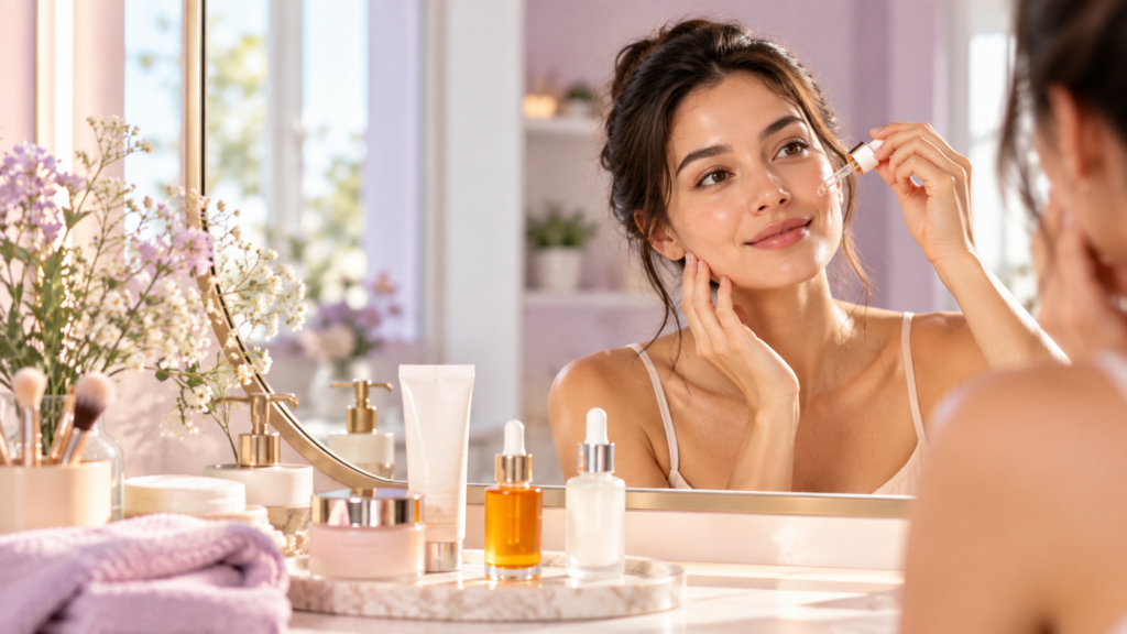 Woman applying facial serum at a bright morning vanity with vitamin C and niacinamide serums, moisturizer, and sunscreen.