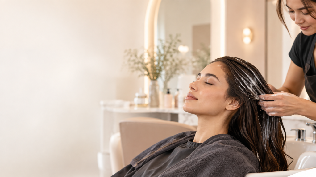 Woman receiving a professional salon treatment for healthy, shiny hair