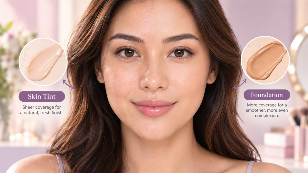 Woman comparing sheer skin tint and foundation coverage in a beauty portrait
