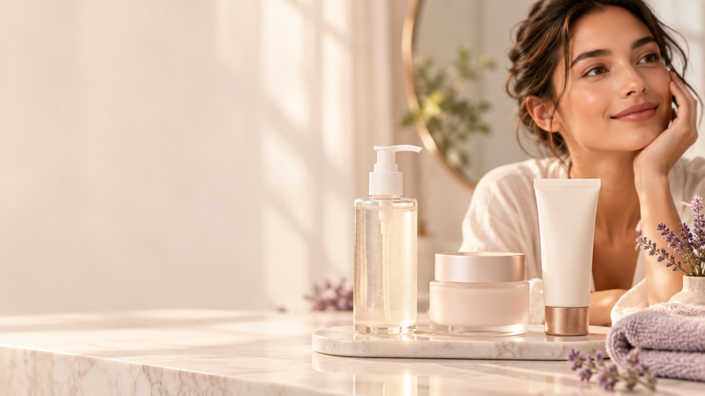 Serene Spa Skincare Vanity Scene Three minimalist skincare essentials arranged on a bright vanity, representing a simple skinimalism routine with cleanser, moisturizer, and sunscreen.